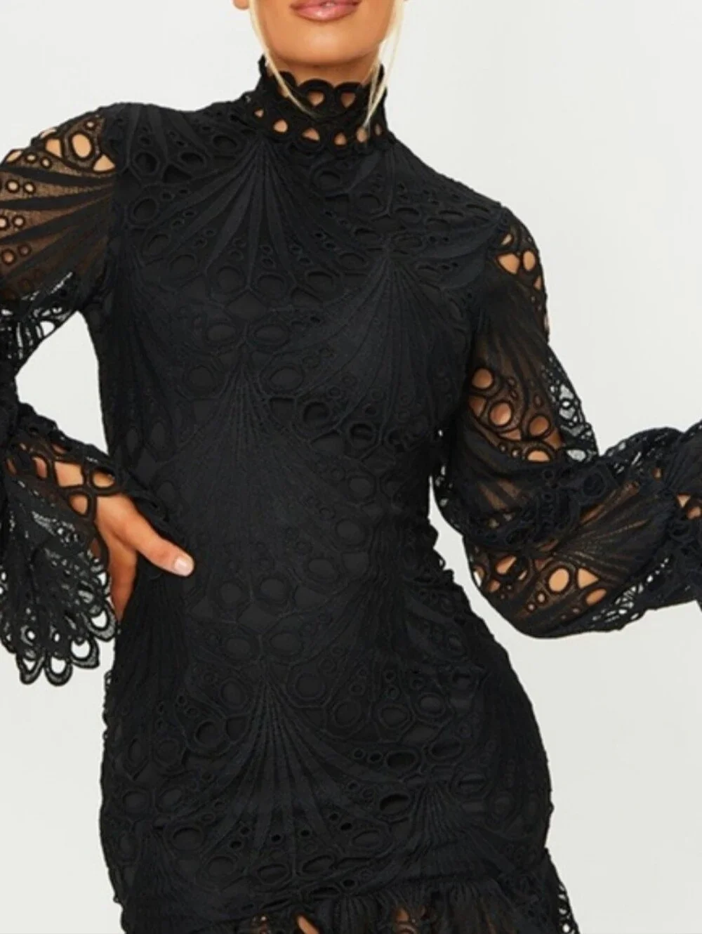 Pretty Little Things Size 6 Black High Neck Frill Body Con Mini Dress Cute!